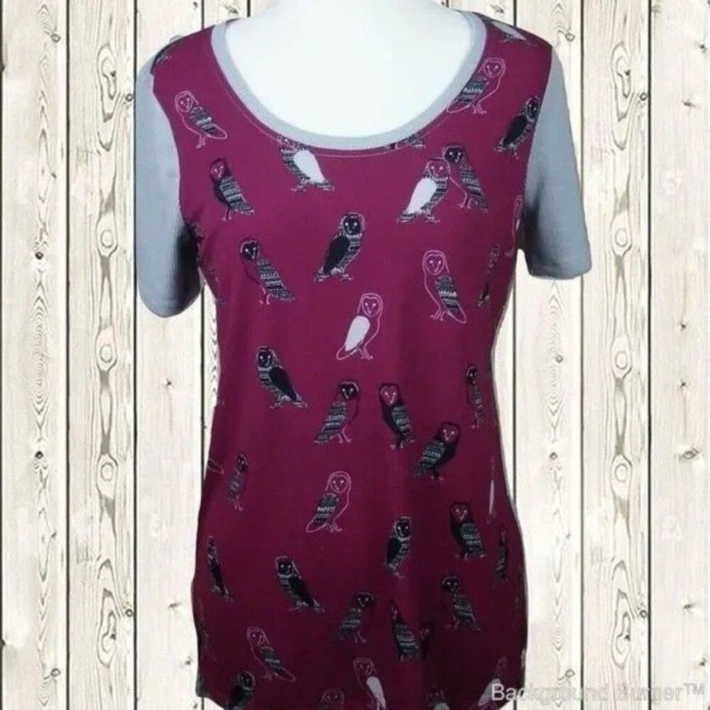 Bass Women's S Owl Print T-Shirt Burgundy Gray Short Sleeve Ribbed Knit Top